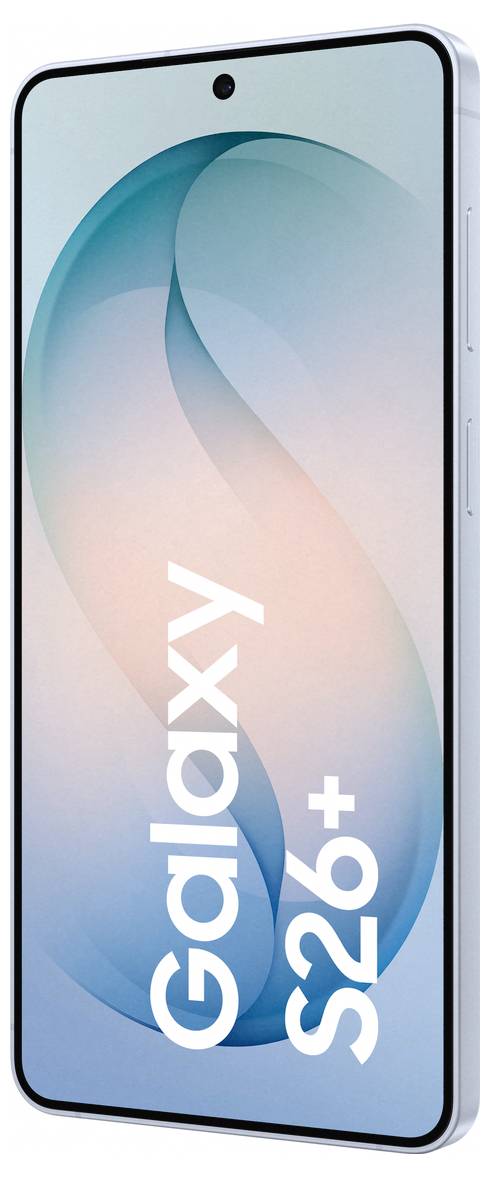 Smartphone mit großem Bildschirm, der einen hellen Farbverlauf anzeigt. Die Worte „Galaxy S26+