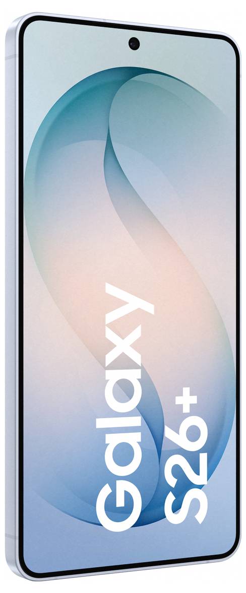 Ein Smartphone, das das 'Galaxy S26+' auf seinem Bildschirm zeigt, mit einem Farbverlauf aus Blau und Pfirsich im Hintergrund, was das Telefonmodell anzeigt.