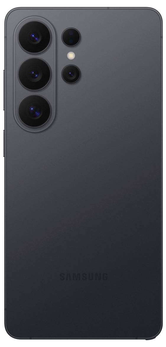 Ein schwarzes Smartphone mit vier Kameras und minimalem Design, mit eleganten, abgerundeten Kanten; Logo auf der Unterseite der Rückseite.