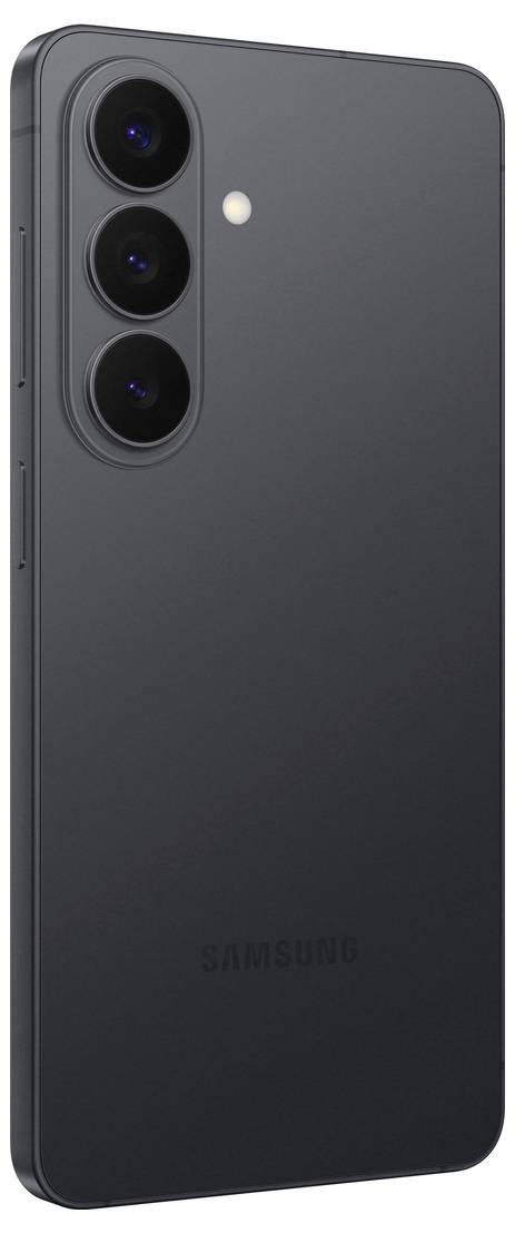 Seitenansicht eines schwarzen Smartphones mit Lautstärkereglern und einer dreifachen Kameralinse auf der oberen rechten Ecke.