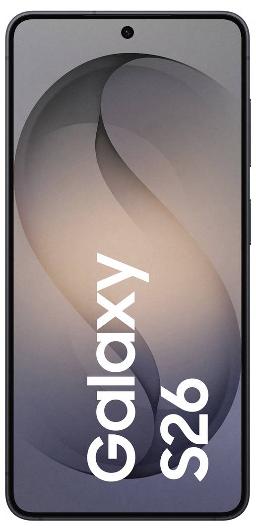 Samsung Galaxy S26 Smartphone mit Infinity Display, dunkelgrauem Farbverlauf im Hintergrund und großem Text „Galaxy S26