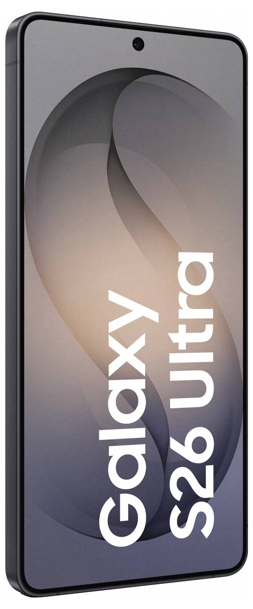 Samsung Galaxy S26 Smartphone mit einem eleganten Design, gekrümmten Bildschirmkanten und dem vertikal auf dem Bildschirm angezeigten Text Galaxy S26.