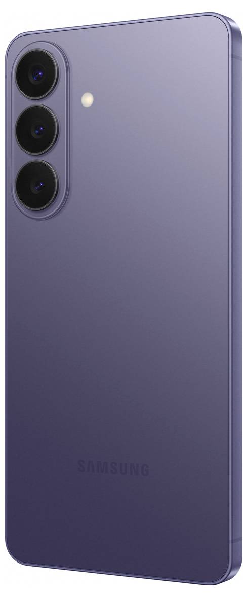 Ein lila Smartphone mit drei rückseitigen Kameras und einem einzelnen Blitz, das ein elegantes Design und minimales Branding zeigt.