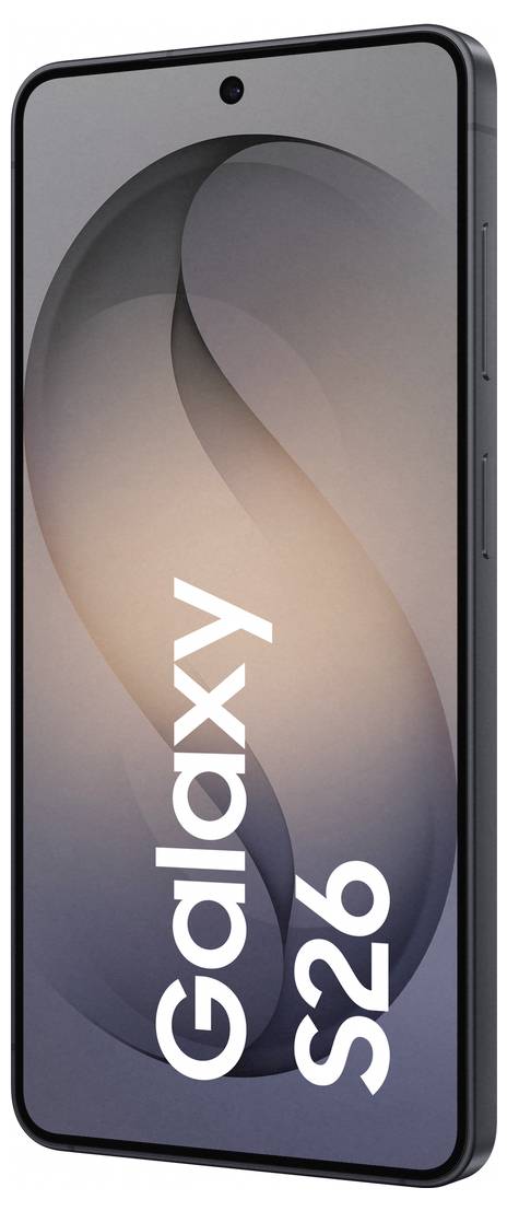 Samsung Galaxy S26 in Porträtmodus, zeigt elegantes Design mit einer nach vorne gerichteten Kamera, die oben auf dem Bildschirm zentriert ist.