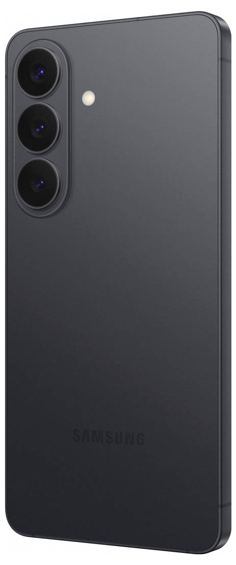 Ein elegantes Smartphone mit drei rückwärtigen Kameras und einem Blitz, das ein minimalistisches Design in einer dunklen Farbe zeigt.