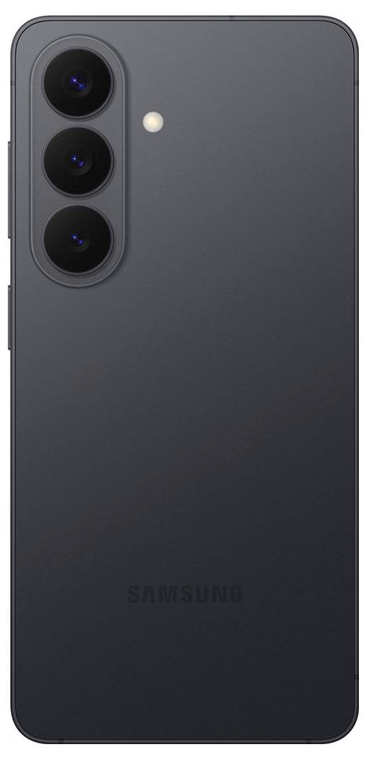 Ein weißes Smartphone wird angezeigt und präsentiert ein elegantes Design mit minimalen Rändern. Der Bildschirm zeigt ein stilisiertes 'S' und den Text 'Galaxy S26'.