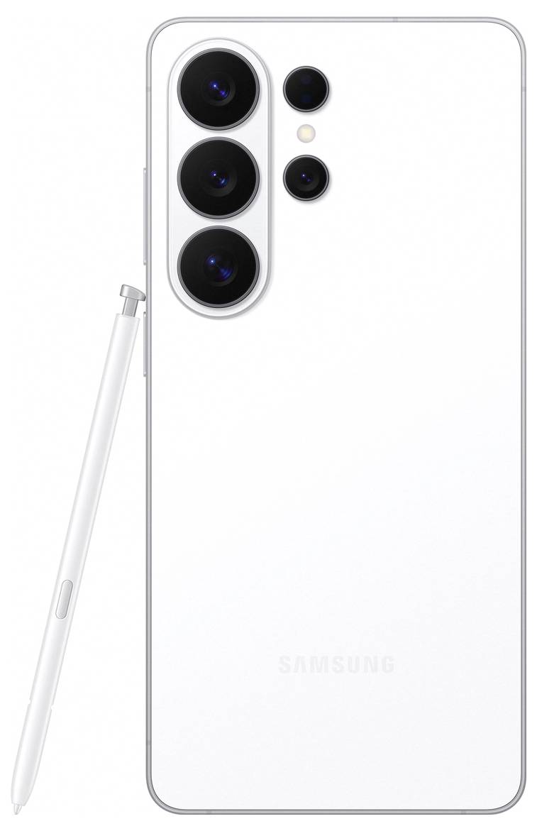 Ein weißes Smartphone mit drei großen Kameraobjektiven und zwei kleineren Sensoren auf der Rückseite, begleitet von einem Stylus, der auf der linken Seite positioniert ist.