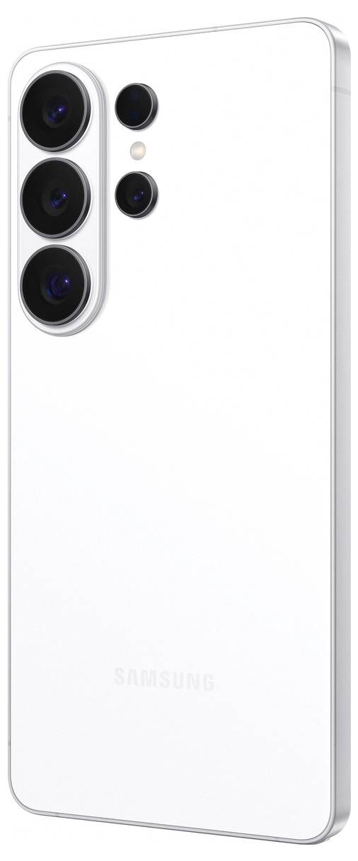 Ein weißes Smartphone mit drei rückseitigen Kameras oben links, das ein elegantes, minimalistisches Design zeigt.