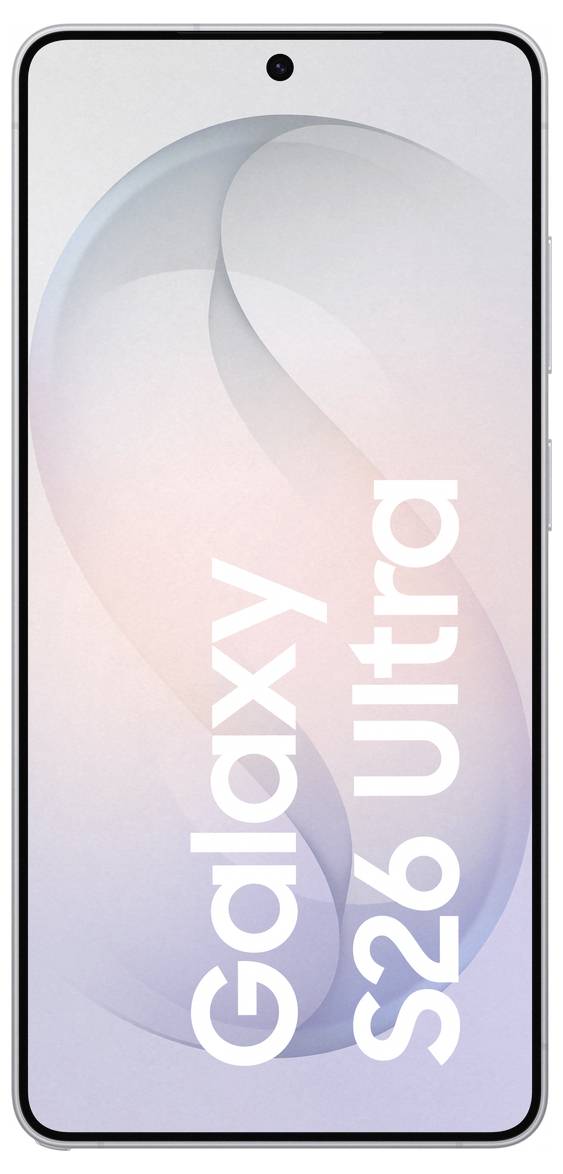 Ein Smartphone mit großem Display, auf dem abstrakte Pastellfarben angezeigt werden. Der Text „Galaxy S26 Ultra