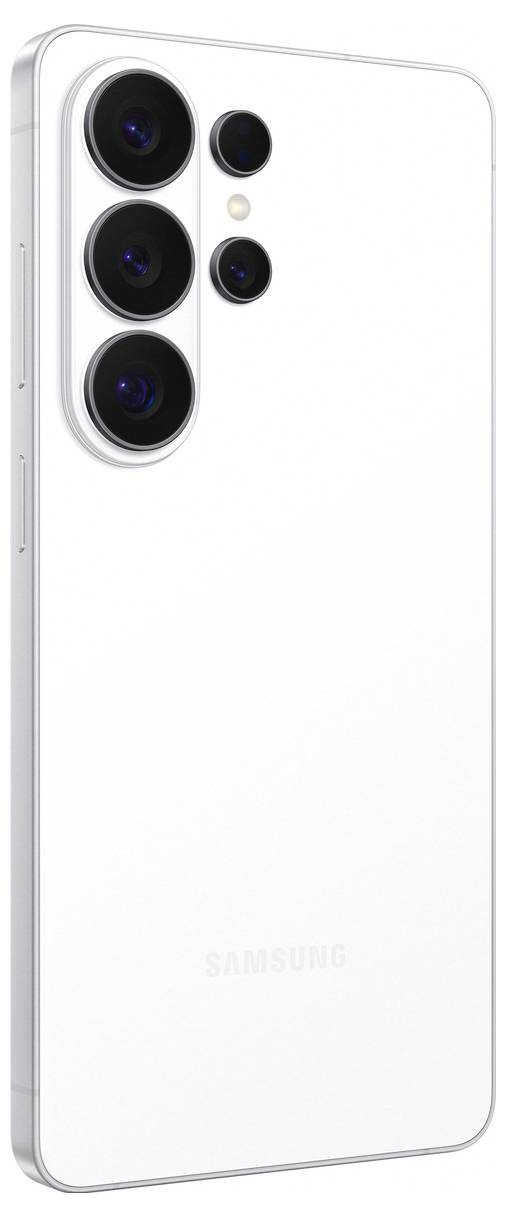 Ein weißes Smartphone mit vier rückwärtigen Kameras und zwei Blitzeinheiten. Die Rückseite hat eine matte Oberfläche und die Marke 