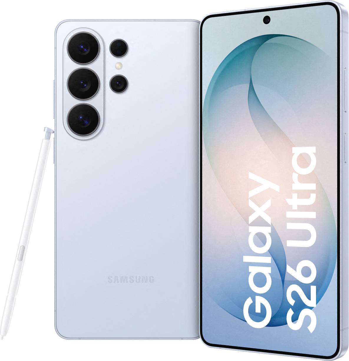 Vorder- und Rückansicht eines weißen Samsung Galaxy S26 Ultra Handys mit S Pen, mit dreifacher Rückkamera und 