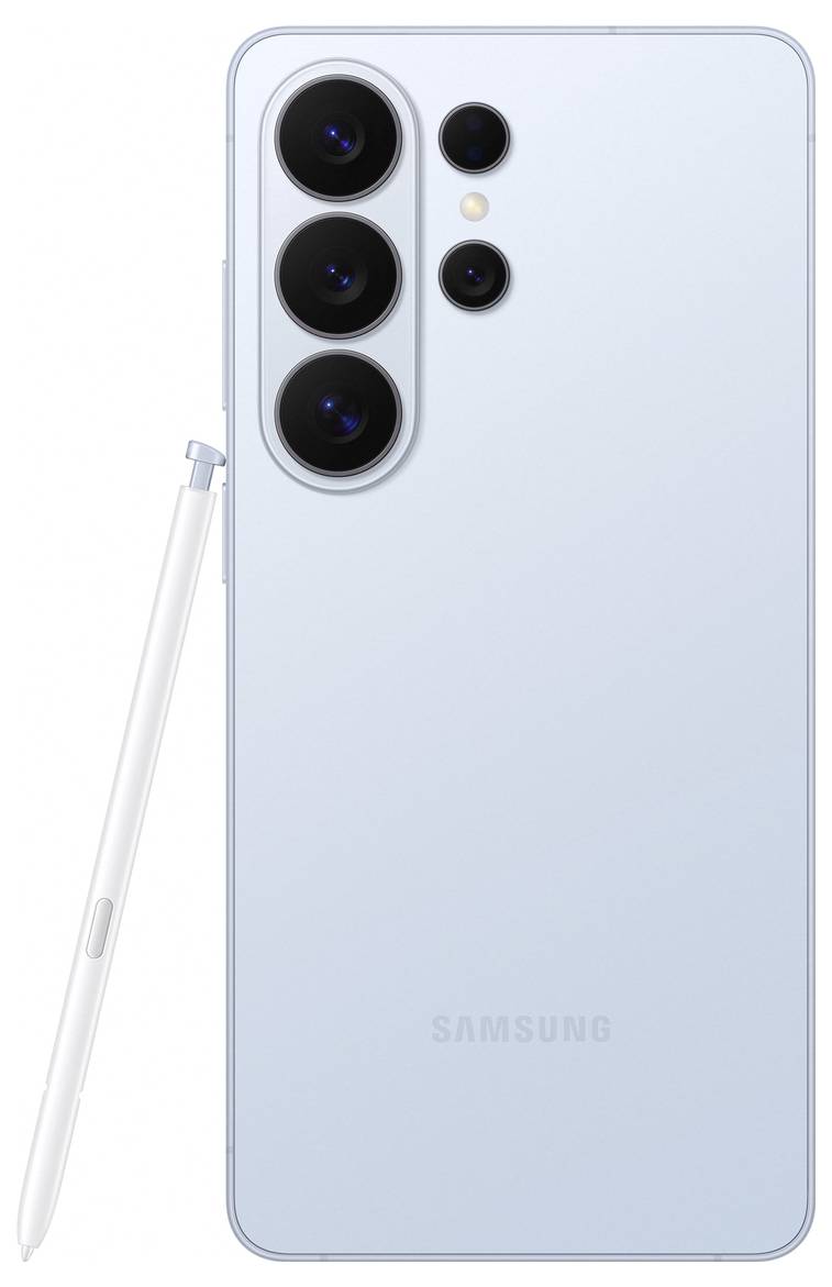 Ein hellblaues Smartphone mit vier rückwärtigen Kameras und einem Stylus. Das Samsung-Logo ist auf der Rückseite sichtbar.