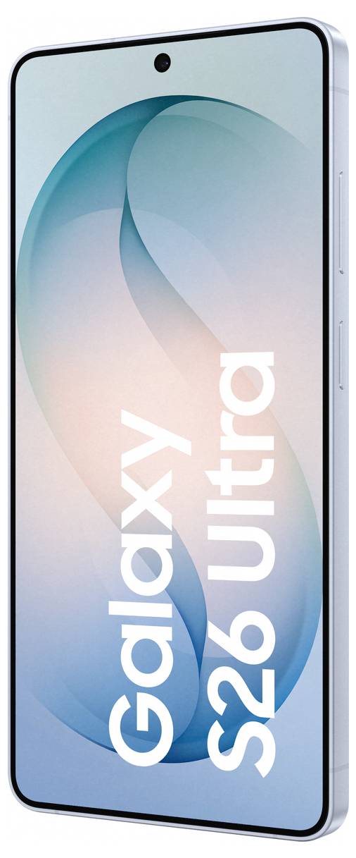 Ein Smartphone mit einem Vollbildschirm-Display, das den Text „Galaxy S26 Ultra" in großen weißen Buchstaben auf einem Farbverlauf aus blauem und rosa Hintergrund zeigt.