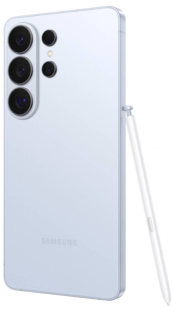 Ein hellblaues Samsung-Smartphone mit drei rückseitigen Kameras und einem S Pen an der Seite, das elegantes Design und Funktionalität präsentiert.