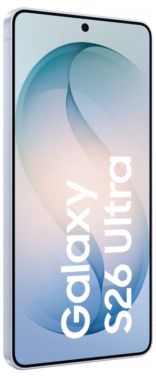 „Samsung Galaxy S26 Ultra Smartphone mit elegantem Design und gebogenem Bildschirm, auf dem der Text „Galaxy S26 Ultra" in fetten weißen Buchstaben angezeigt wird."