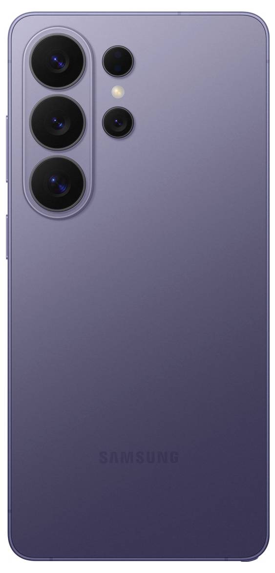 Samsung Galaxy Smartphone in Lavendelfarbe, Rückansicht mit vier Kameraobjektiven und Unternehmenslogo unten.