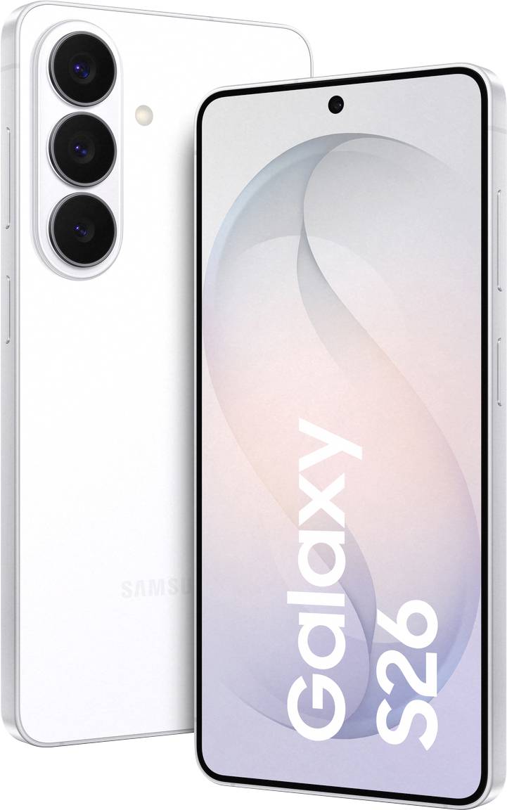 Ein weißes Galaxy S26 Smartphone mit drei rückwärtigen Kameras, dargestellt mit seinem Bildschirm, auf dem der Text „Galaxy S26
