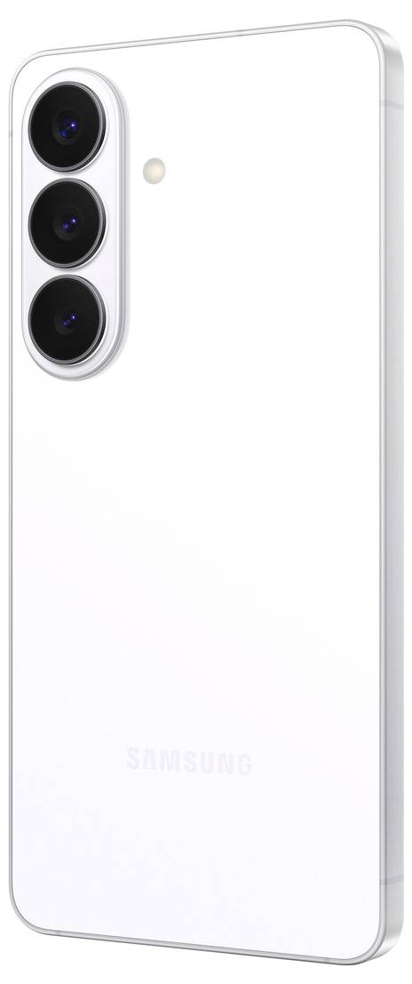 Ein weißes Smartphone mit drei vertikal ausgerichteten Rückkameras; 