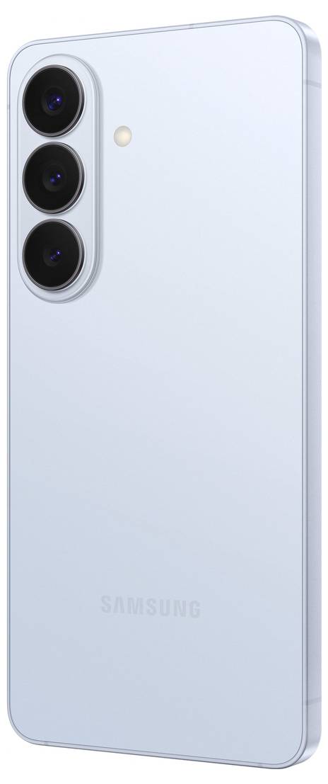 Ein hellblaues Smartphone mit einem dreifachen Kamerasetup, das vertikal auf der Rückseite ausgerichtet ist. Das Samsung-Logo befindet sich am unteren Ende des Telefons.