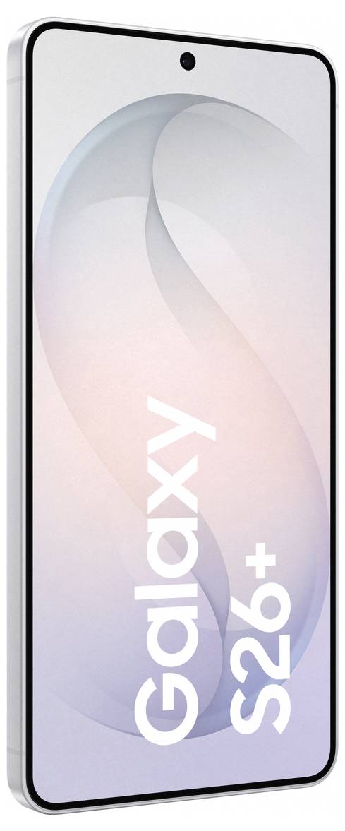 Ein leicht geneigtes Smartphone mit großem Display und subtlem Gradient-Hintergrund. Die Worte 'Galaxy S26+' sind prominent angezeigt.