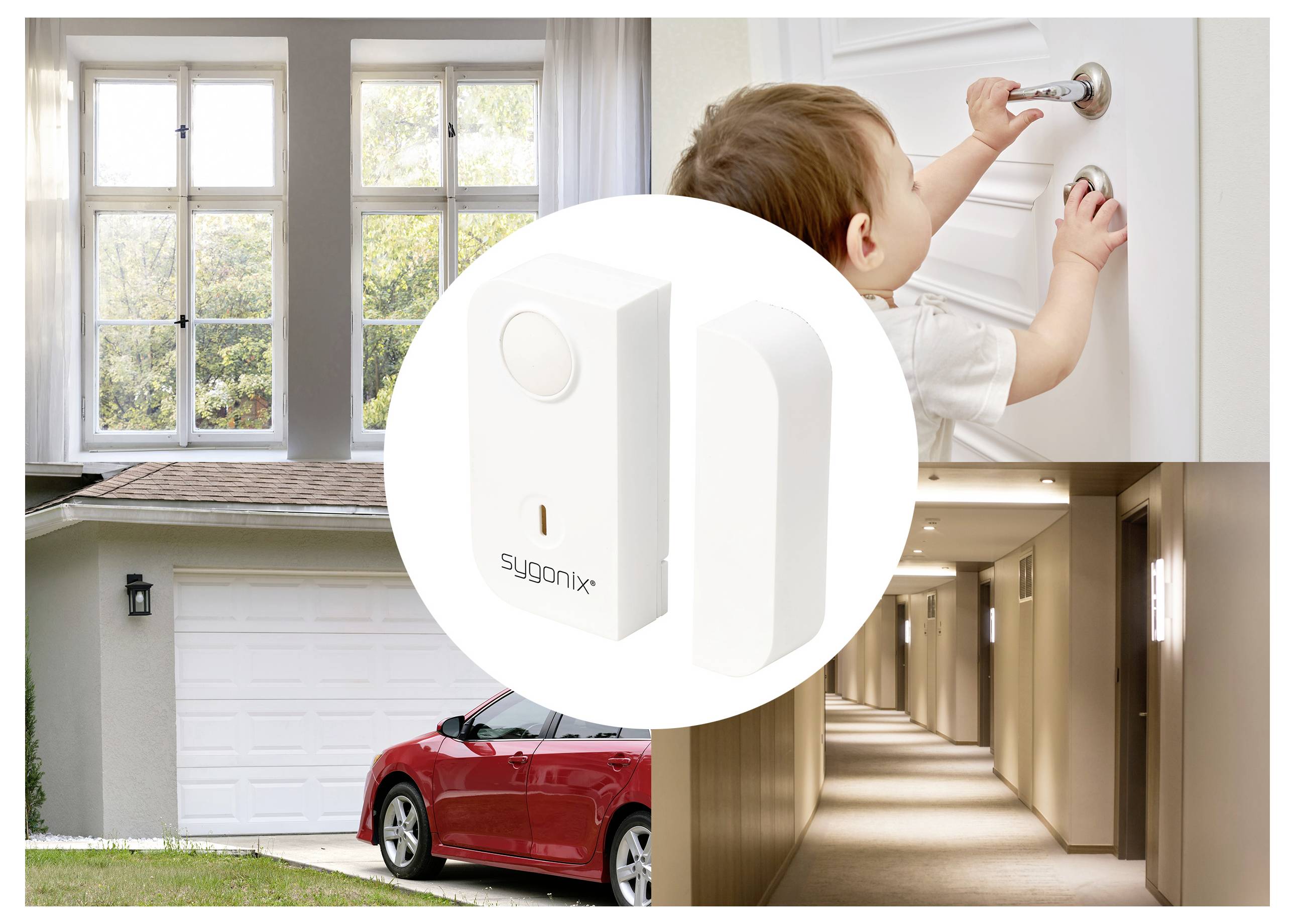 Composite-Sicherheitsbild mit einem weißen drahtlosen Tür-/Fenstersensor zum Schutz eines Hauses, mit Szenen einer Haustür, einer Garage, einem Flur und einem Kind, das einen Schrank öffnet.