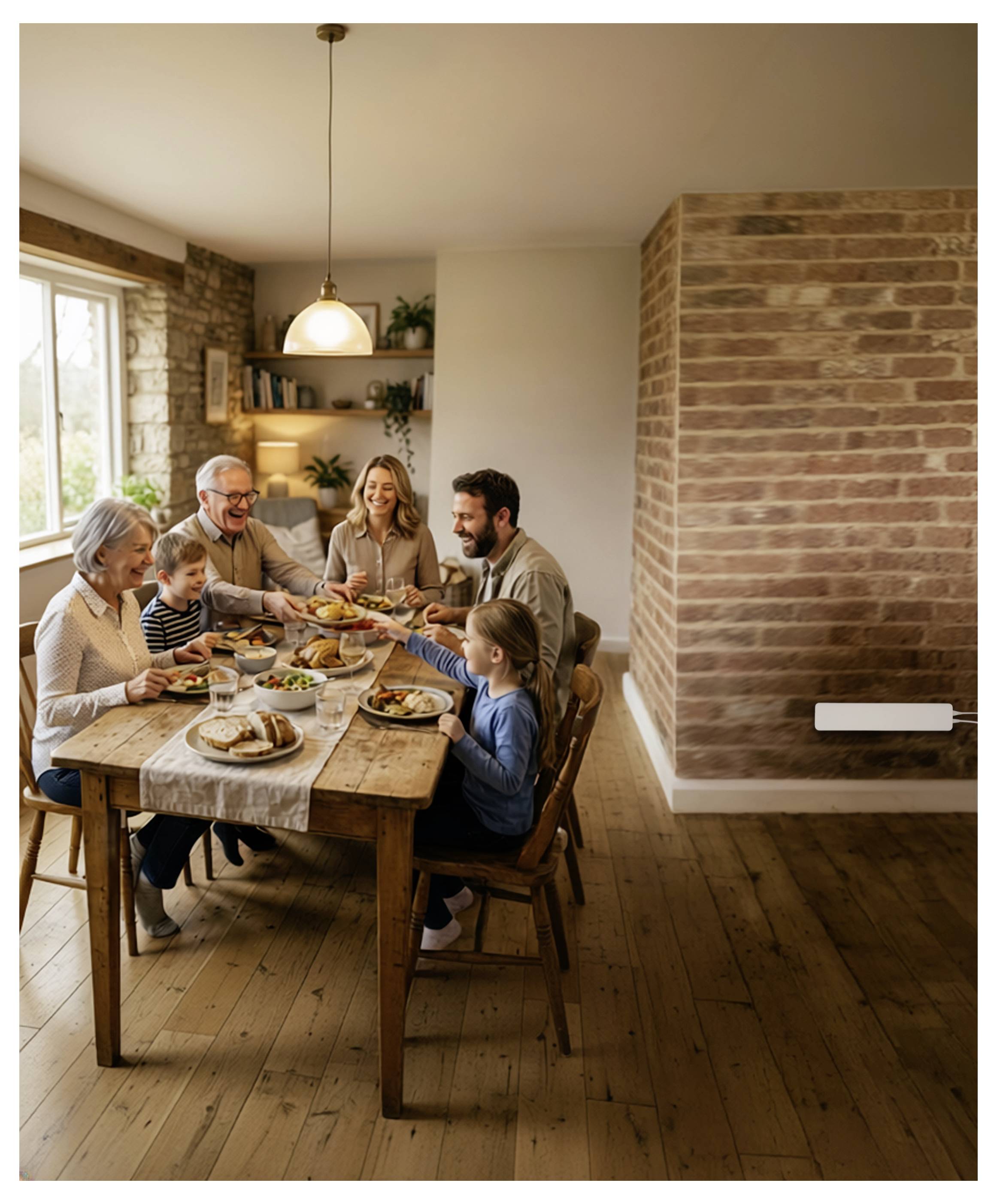 Multigenerationale Familie, die eine Mahlzeit um einen Holzesstisch in einem gemütlichen Esszimmer teilt.