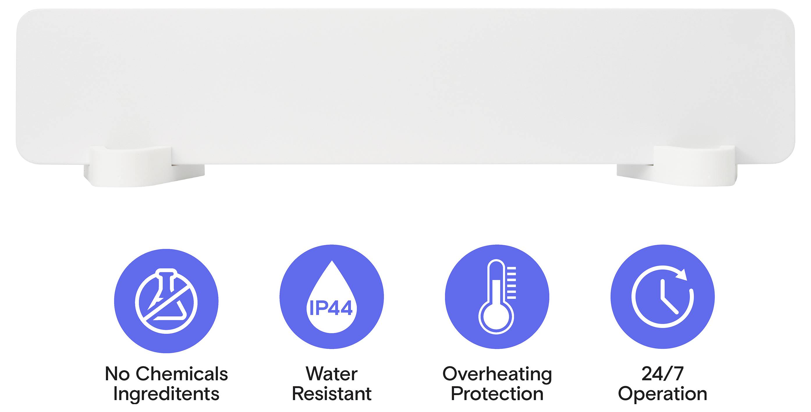 Weißes wandmontiertes Gerät mit vier Funktionssymbolen: keine chemischen Inhaltsstoffe, IP44 Wasserbeständigkeit, Überhitzungsschutz und 24/7-Betrieb.