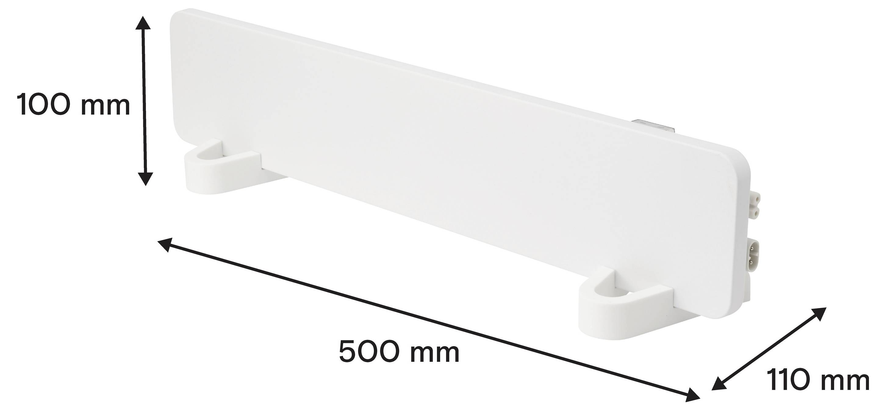 Weißes rechteckiges Heizpaneel auf zwei Standfüßen, mit den Abmessungen 500 mm lang, 100 mm hoch und 110 mm tief.