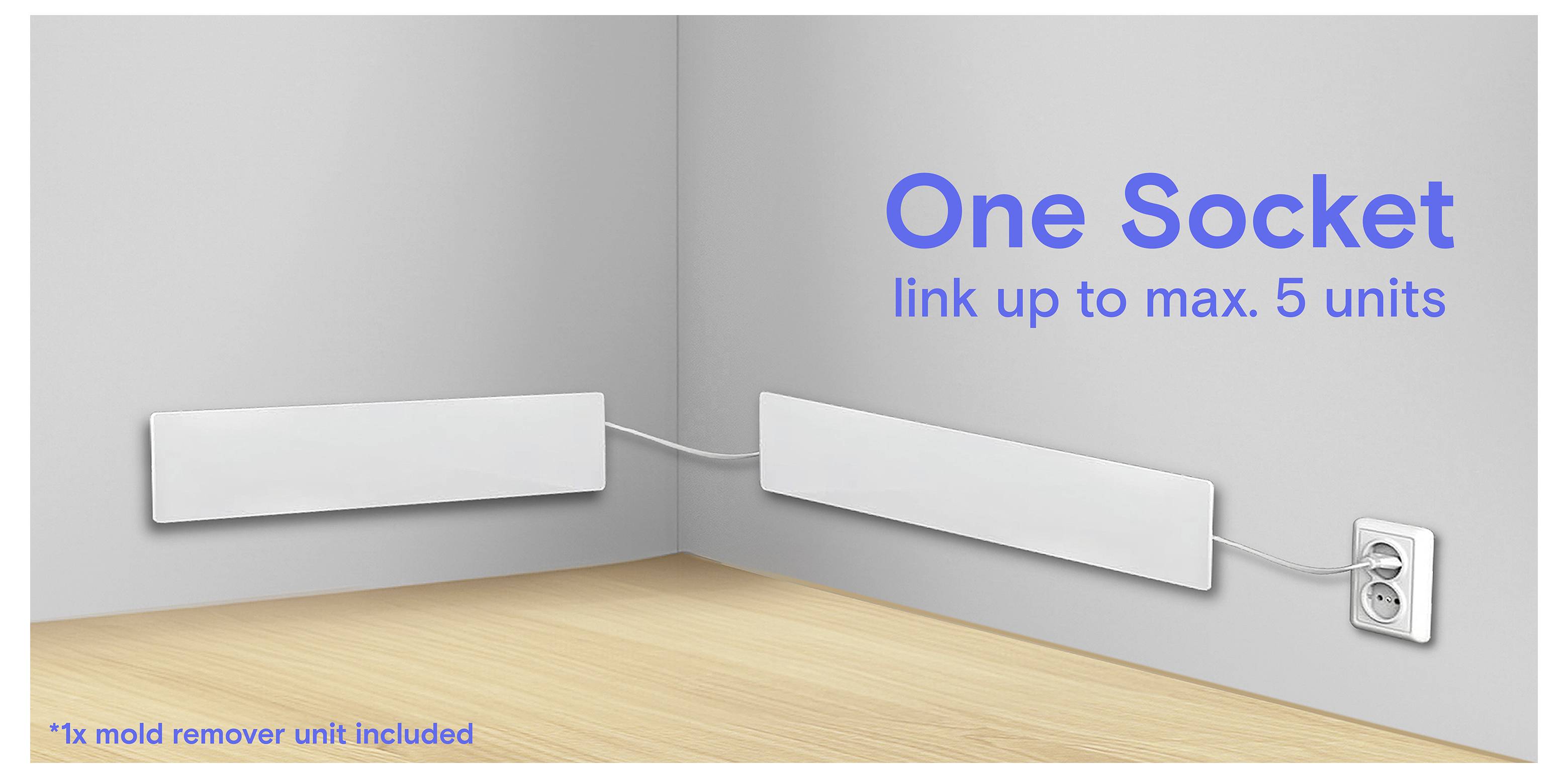 Zwei weiße wandmontierte Kabelkanäle, die um eine Ecke herum zu einer Steckdose verlaufen, beschriftet mit „One Socket