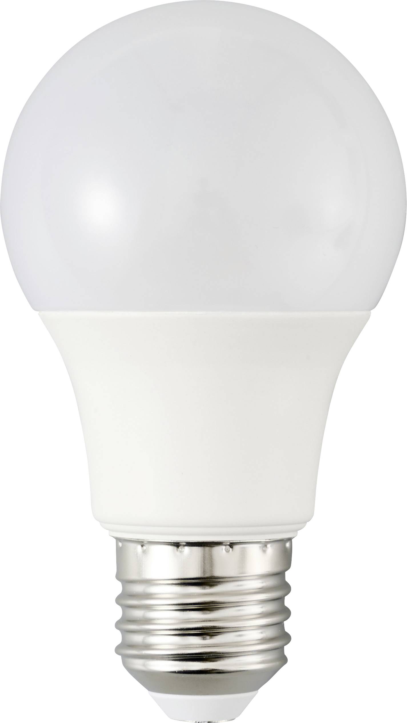 Weiße LED-Glühbirne mit mattiertem Globus und Schraubgewinde, gezeigt auf schllichtem Hintergrund.