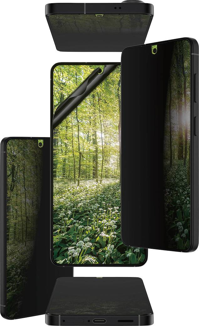Bild zeigt mehrere Ansichten eines Smartphones mit einer Waldszene auf dem Bildschirm und schlankem schwarzem Design an den Seiten und oben.