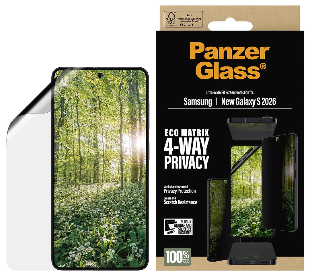 Telefonbildschirm mit Waldbild auf der linken Seite und Verpackung von „Panzer Glass Eco Matrix 4-Way Privacy