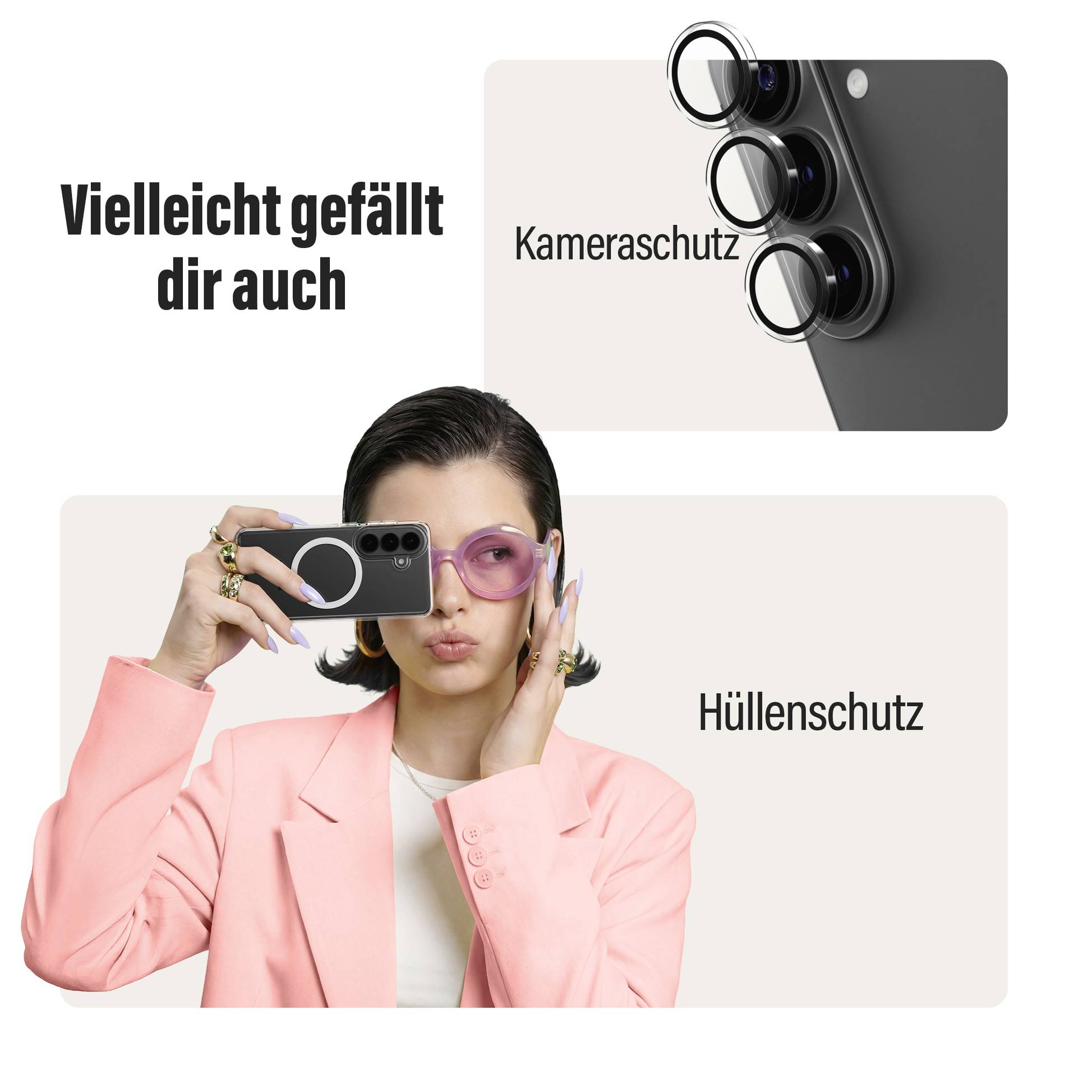 Schutzfolie für Telefon mit Abbildung eines Telefons und einer Frau in Rot. Der Text lautet: „Perfekte Installation - immer und immer wieder.
