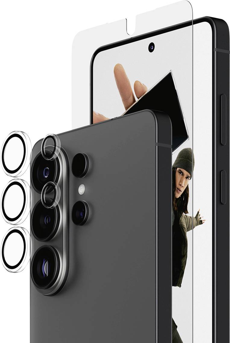 „Schwarzes Smartphone mit mehreren rückwärtigen Kameras und klarem Bildschirm sowie Kameraobjektivschutzvorrichtungen. Das Display zeigt eine Frau, die eine Karte hält.