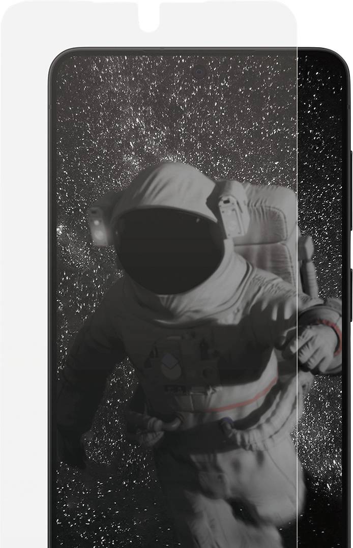 „Astronaut im Raumanzug, schwebend vor einem Sternenhimmel auf einem Smartphone-Bildschirm, teilweise von einer Displayschutzfolie bedeckt.