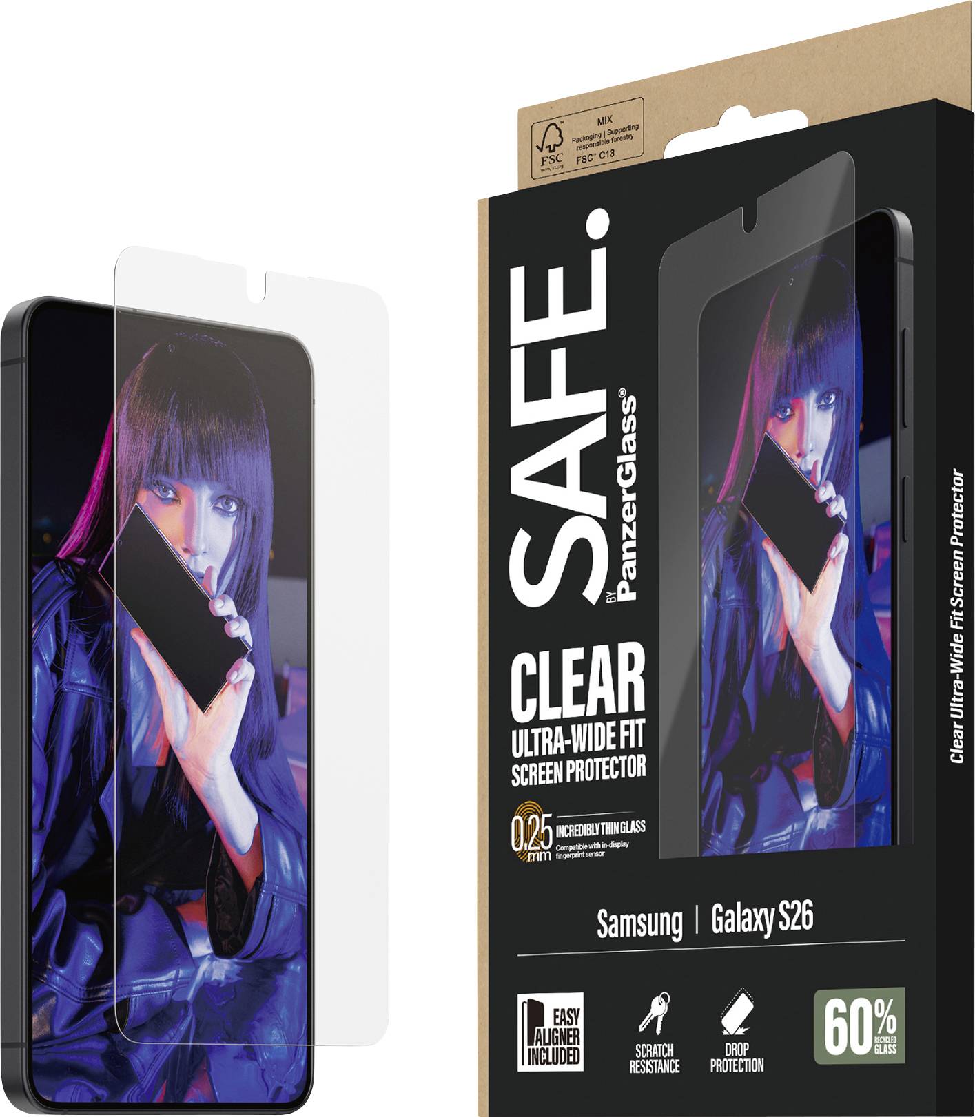 'SICHER. PanzerGlass. Klare Ultra-Breitbild-Displayschutzfolie' Verpackung für Samsung Galaxy S26, mit intelligenter Widerstandsfähigkeit und einfacher Installation.