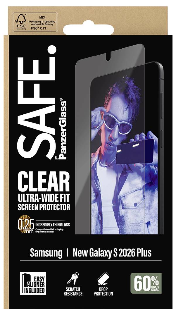 Das Bild zeigt ein Smartphone mit Fokus auf die Kameraobjektive und eine PanzerGlass-Objektivschutzverpackung für Samsung Galaxy S26/S26+.