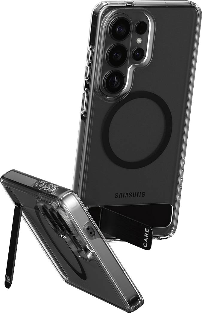 Eine transparente Smartphone-Hülle mit kreisförmigem MagSafe-kompatiblem Design, mit Kameraausschnitten und einem klappbaren Ständer.