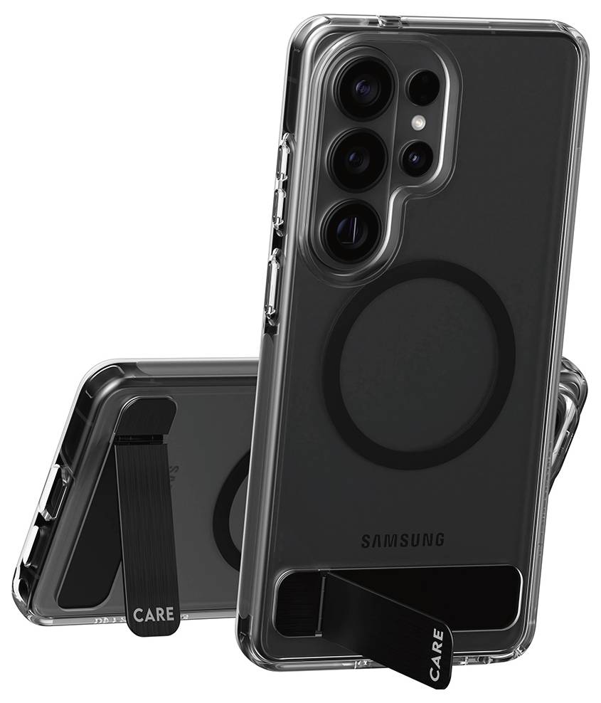 Eine Handyhülle für ein Smartphone mit einem an der Rückseite angebrachten Ständer, der es ermöglicht, das Telefon aufrecht zu positionieren.