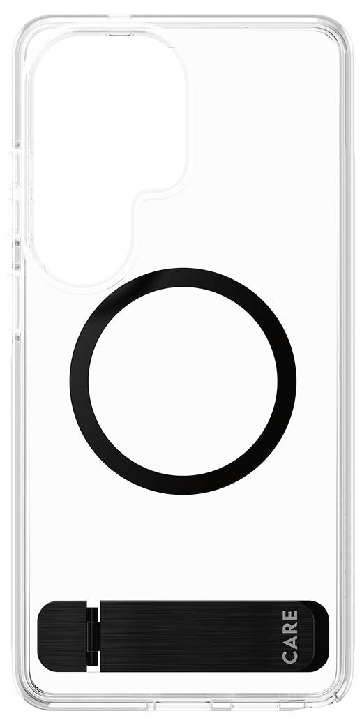 Transparente Handyhülle mit einem schwarzen Kreis für MagSafe-Kompatibilität und einem schwarzen Griffband mit der Aufschrift „CARE