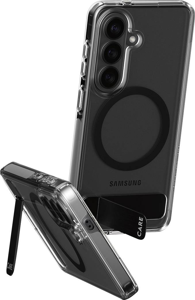 Eine durchsichtige Handyhülle mit Ring und Ständer für ein Samsung-Smartphone, die die Kameras des Telefons zur Geltung bringt und die Kompatibilität mit Zubehör demonstriert.
