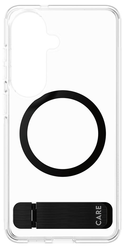 Transparente Handyhülle mit einem schwarzen kreisförmigen MagSafe-Ring und einem kleinen rechteckigen Bereich mit der Beschriftung „CARE