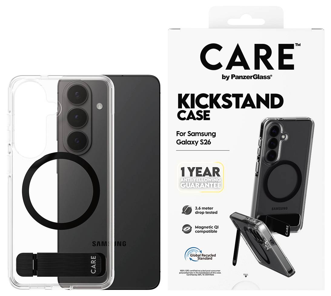 'CARE Kickstand Case für Samsung Galaxy S26' Verpackung. Zeigt transparente Schutzhülle mit Ständer. Hebt Funktionen hervor: '1 Jahr Garantie', '3,6 Meter Sturz getestet', 'Magnetisch Qi kompatibel', '50% recycelte Materialien'.