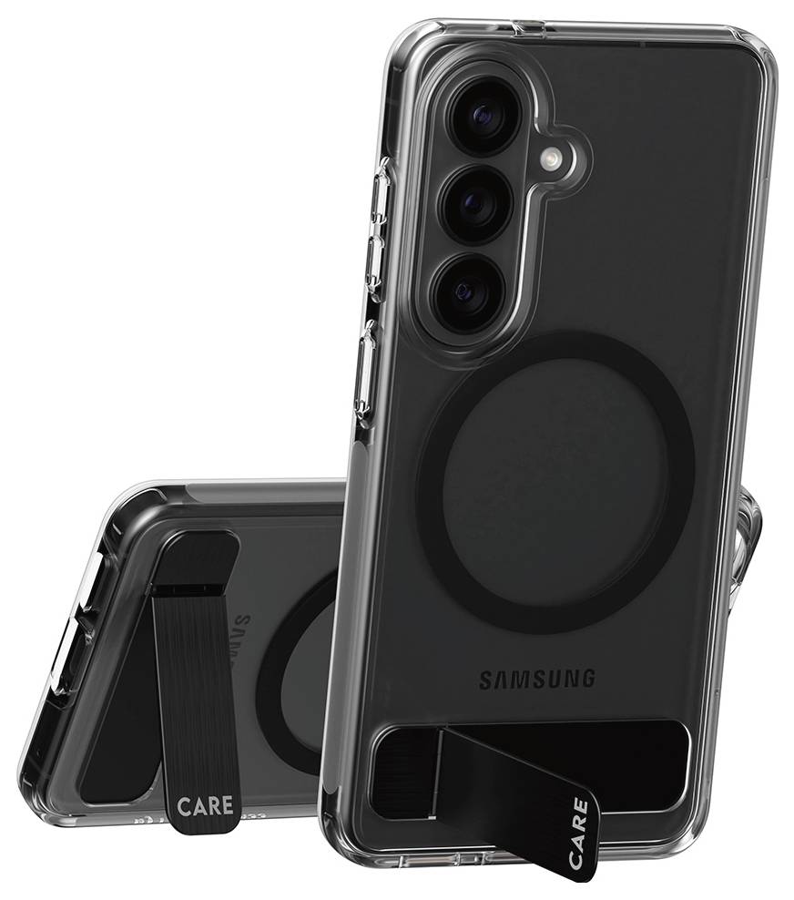 Zwei transparente Smartphone-Hüllen mit Ständern, mit magnetischem Ringdesign. Jeder Ständer trägt die Aufschrift „CARE