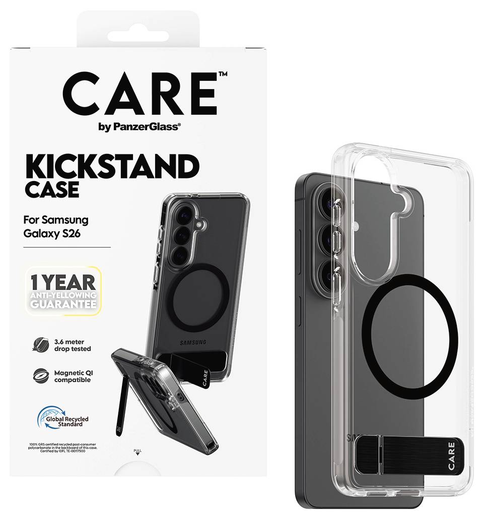 'CARE by PanzerGlass Kickstand Case für Samsung Galaxy S26' Verpackung mit transparenter Schutzhülle und schwarzem Ringständer. '1 Jahr Anti-Vergilbungs-Garantie'.