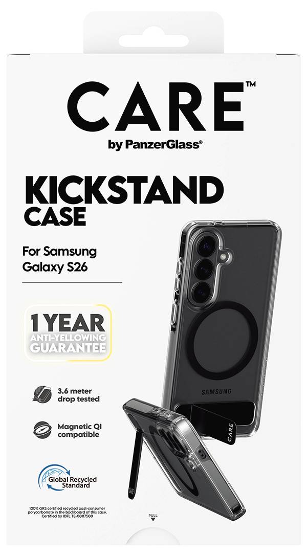 CARE Kickstand Case für Samsung Galaxy S26. Funktionen: 1-Jahres-Garantie gegen Vergilbung, auf 3,6 Meter Sturzfestigkeit getestet, magnetische Qi-Kompatibilität.