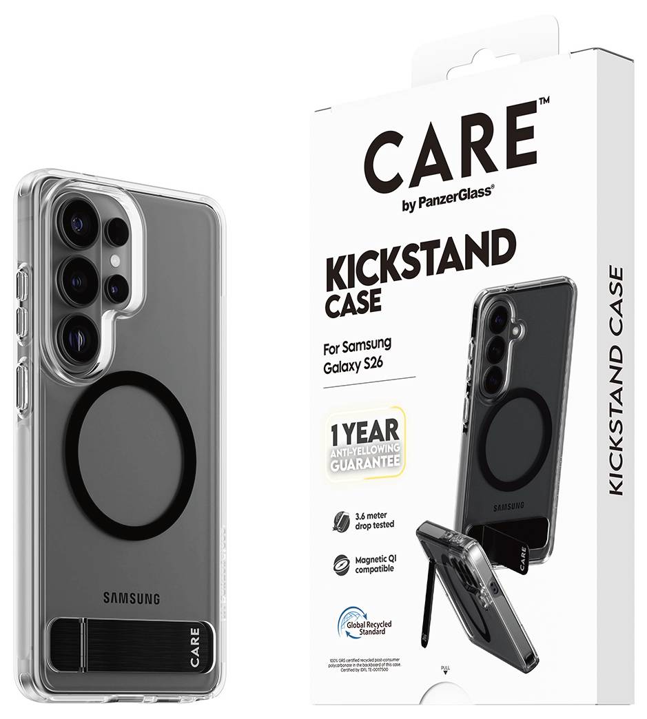 CARE Kickstand-Hülle für Samsung Galaxy S26 Verpackung, eine transparente Hülle mit einem Kreisdesign und einem Ständer, die Fallschutz aus 3,6 Metern Höhe und eine 1-Jahres-Garantie bietet.