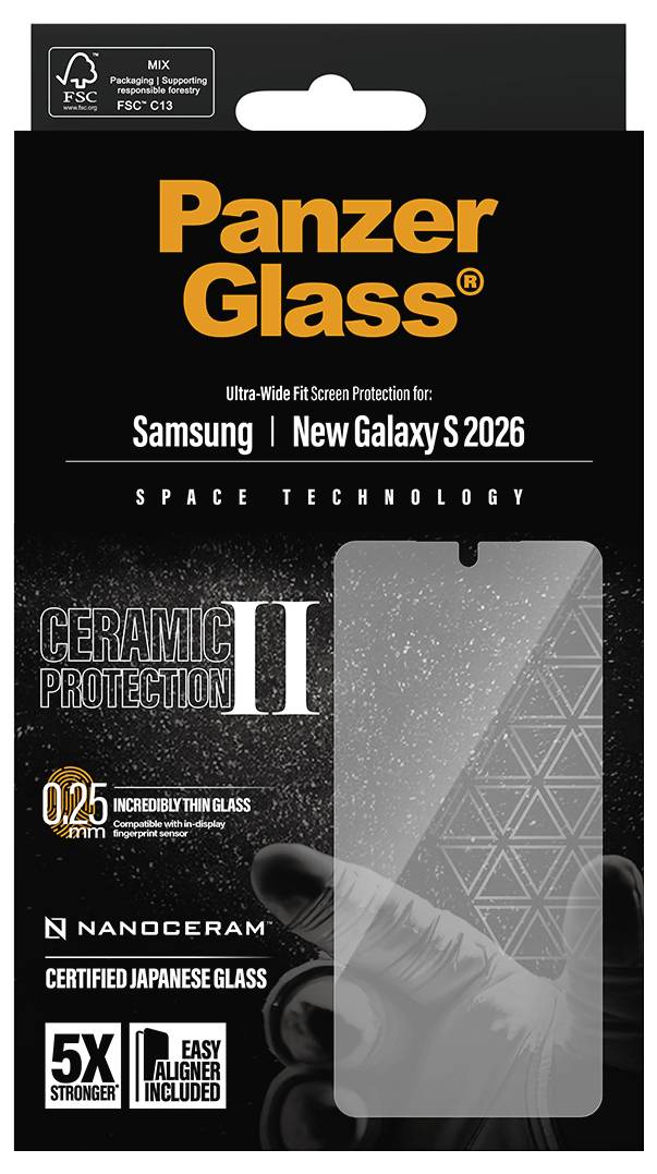 «PanzerGlass»-Paket für Galaxy S 2026 Displayschutz. Features: 0,25 mm dünnes Keramikglas, «5X stärker», «Easy Aligner enthalten».