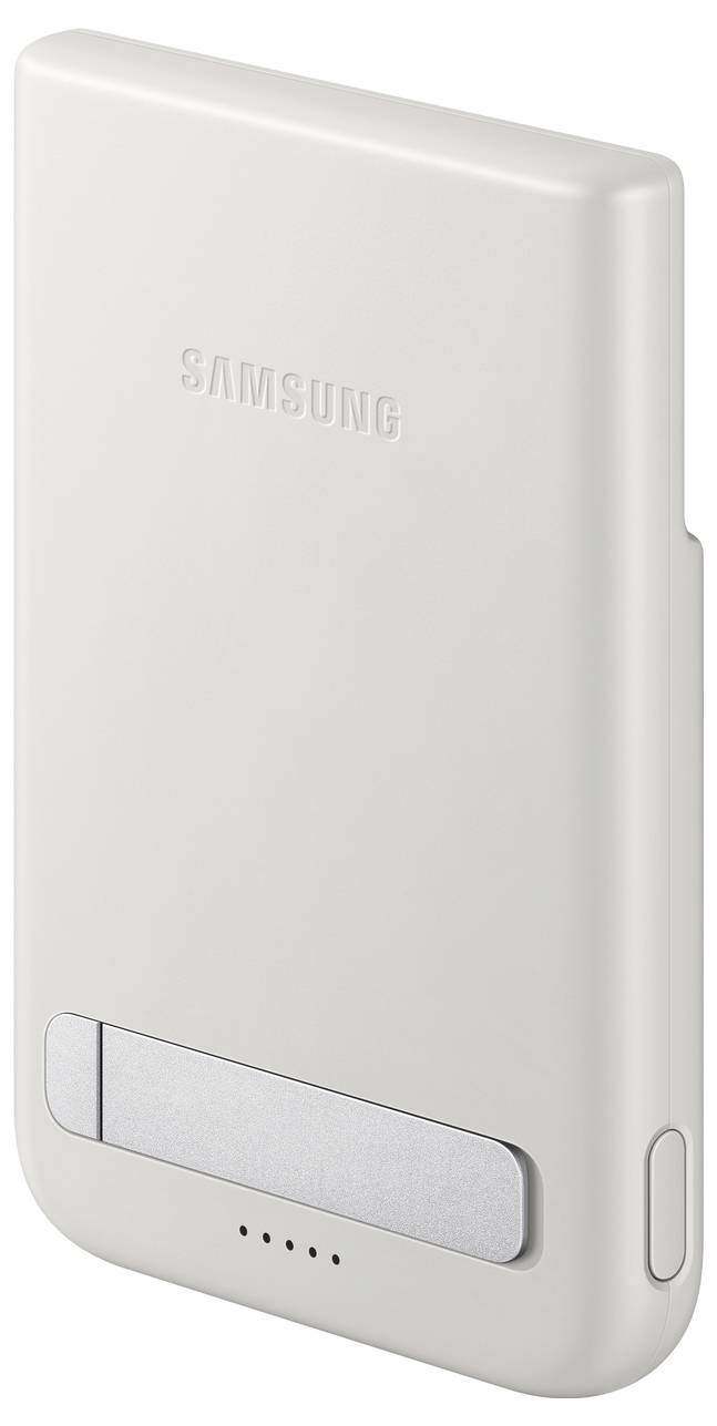 Ein weißes Samsung-Wireless-Ladegerät mit integriertem Ständer.
