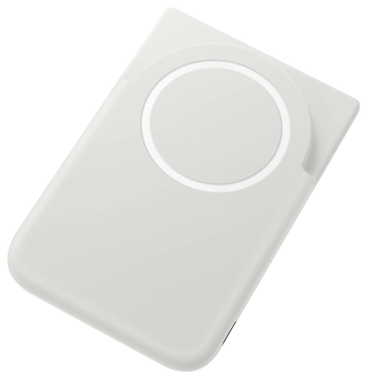 Ein schlankes, rechteckiges weißes Gerät mit einer kreisförmigen Vertiefung auf einer Seite, möglicherweise für eine Ladefunktion oder Befestigung.